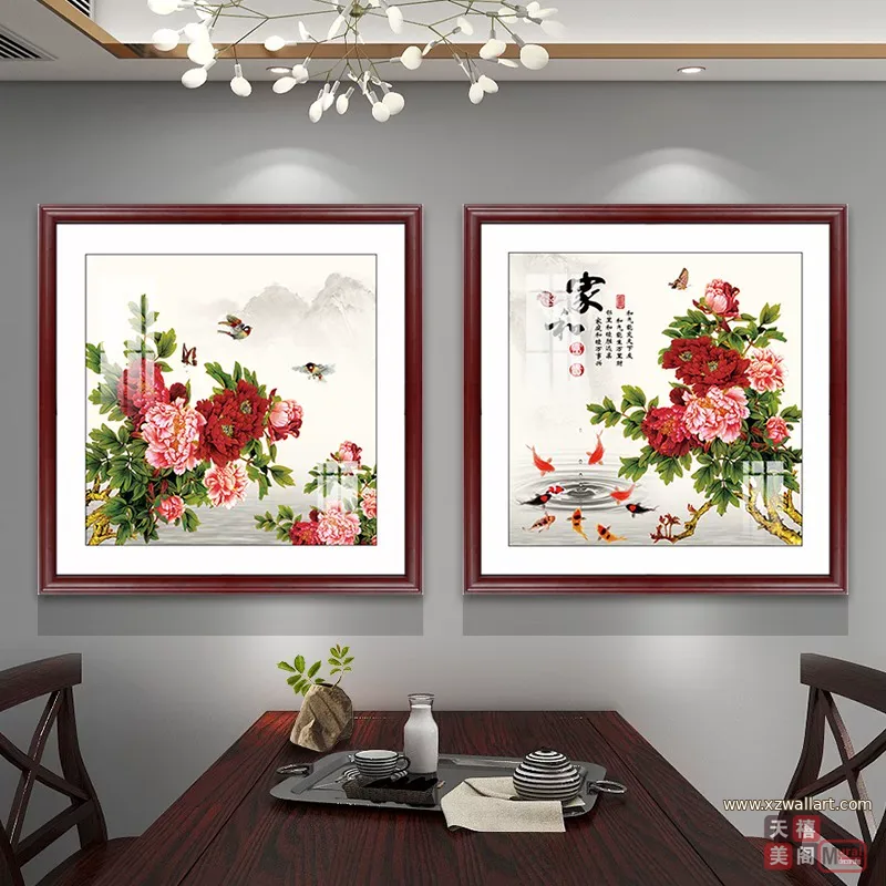 花 两联 装饰画 新中式 餐厅背景墙挂画 晶瓷画