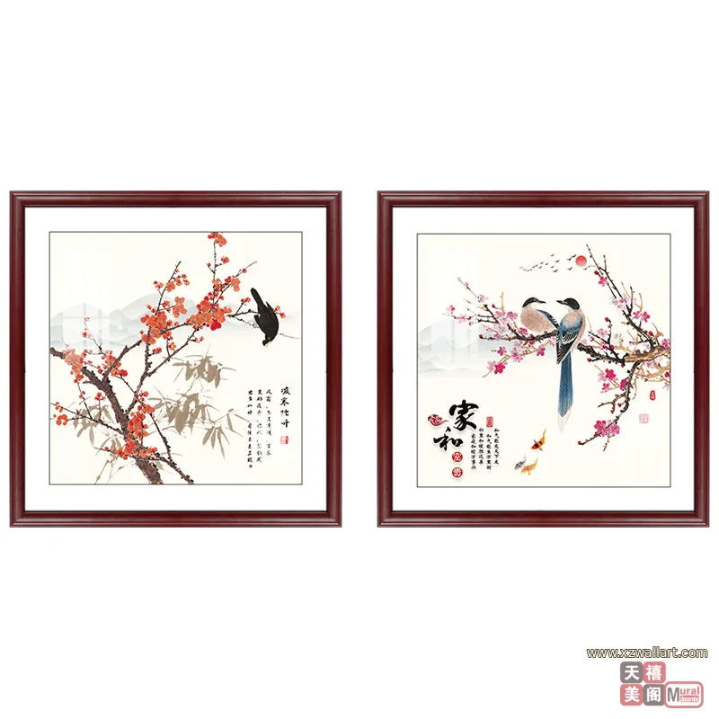 花 两联 装饰画 新中式 餐厅背景墙挂画 晶瓷画