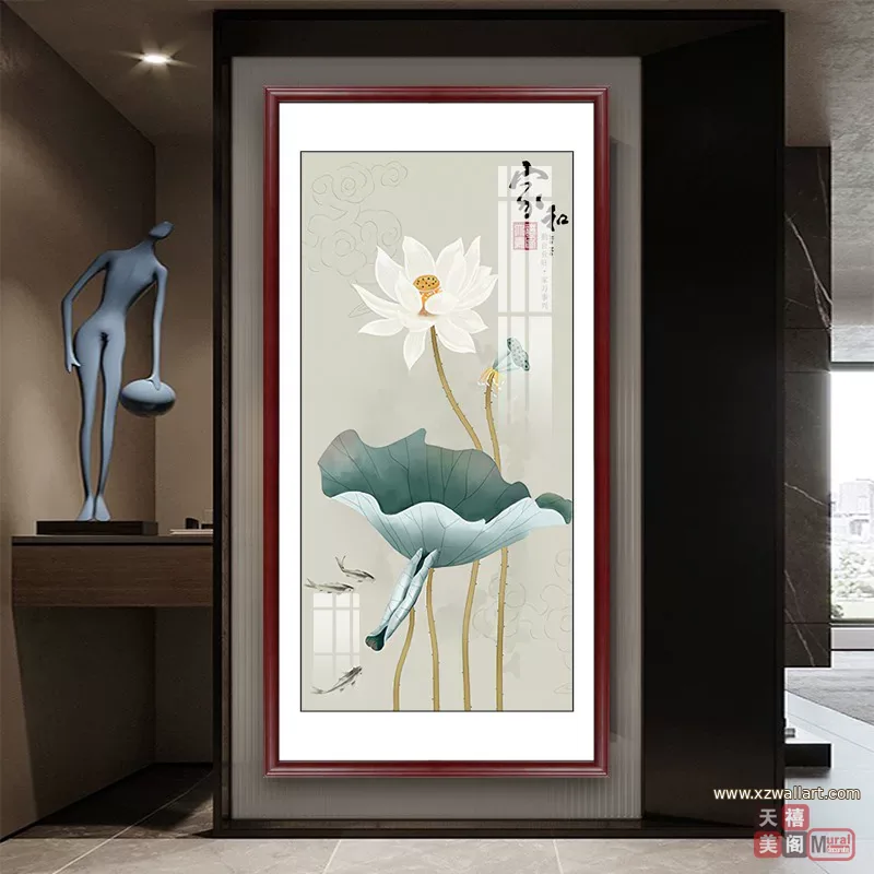 荷花 单幅 装饰画 新中式 玄关背景墙挂画 晶瓷画