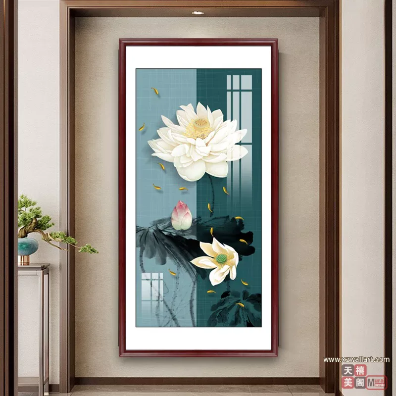 荷花 单幅 装饰画 新中式 玄关背景墙挂画 晶瓷画
