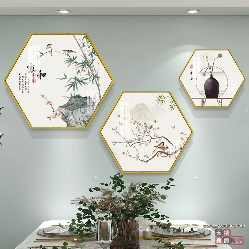 花 三联 装饰画 新中式 客厅背景墙挂画 晶瓷画