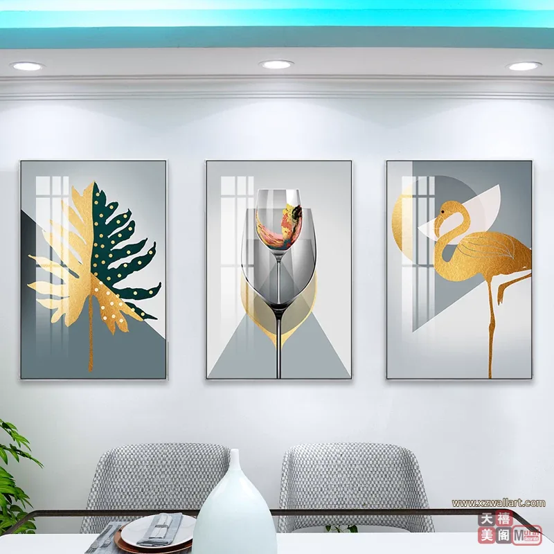 抽象 三联 装饰画 轻奢风 餐厅背景墙挂画 晶瓷画