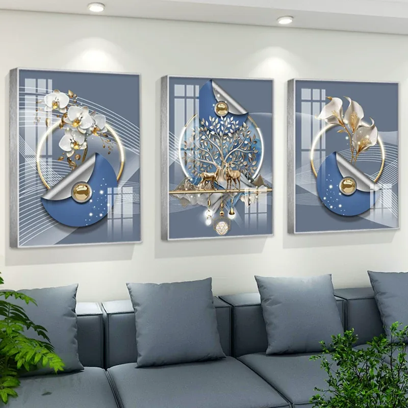 抽象 三联 装饰画 轻奢风 客厅背景墙挂画 晶瓷画