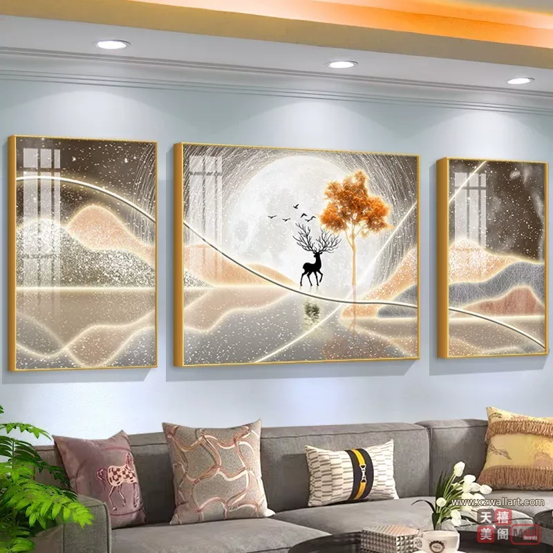 抽象 三联 装饰画 轻奢风 客厅背景墙挂画 晶瓷画