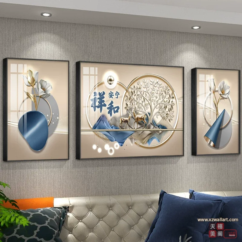 抽象 三联 装饰画 轻奢风 客厅背景墙挂画 晶瓷画