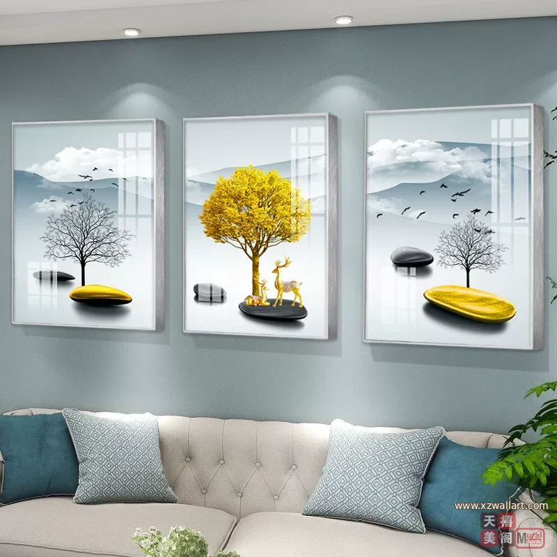 抽象 三联 装饰画 轻奢风 客厅背景墙挂画 晶瓷画