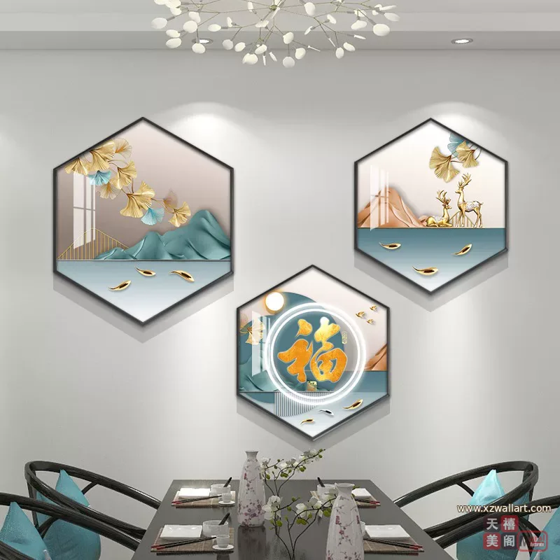 抽象 三联 装饰画 轻奢风 餐厅背景墙挂画 晶瓷画