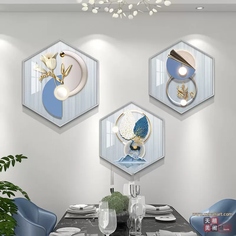 抽象 三联 装饰画 轻奢风 餐厅背景墙挂画 晶瓷画