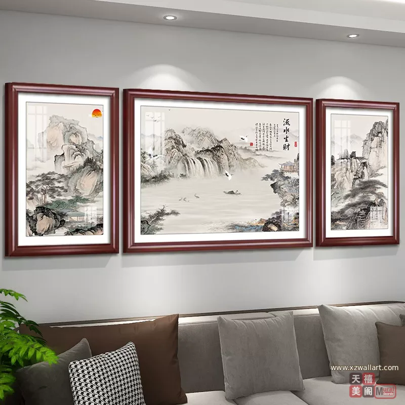 抽象 三联 装饰画 新中式 客厅背景墙挂画 晶瓷画
