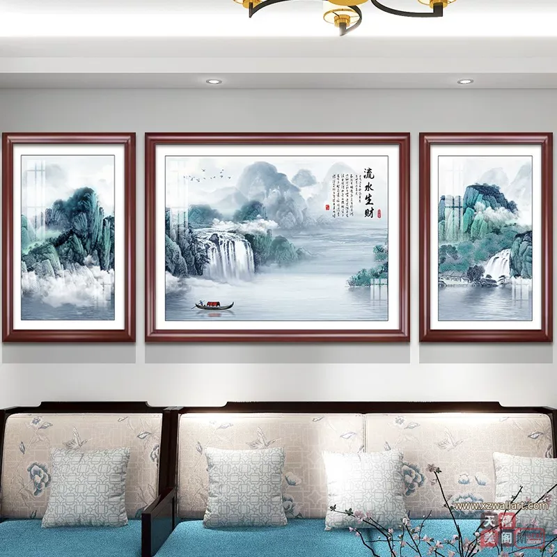 抽象 三联 装饰画 新中式 客厅背景墙挂画 晶瓷画