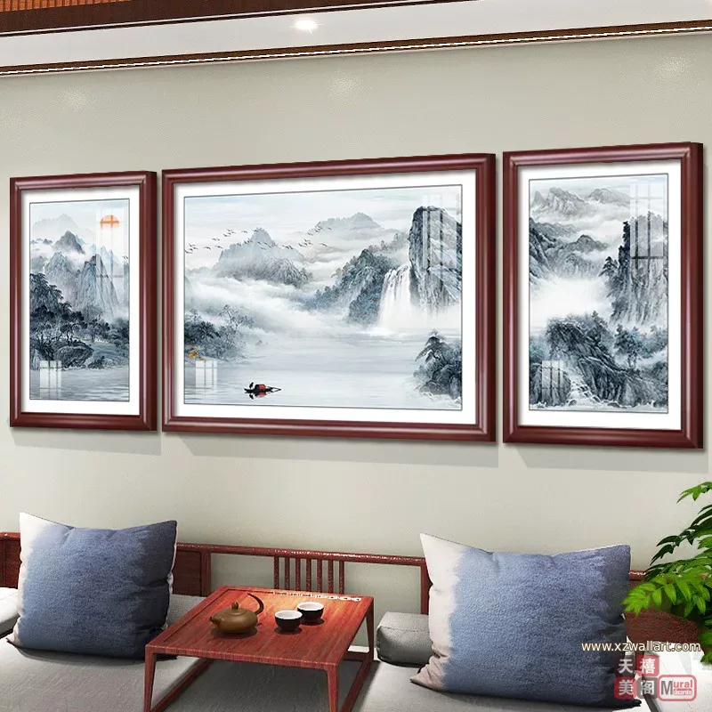 抽象 三联 装饰画 新中式 客厅背景墙挂画 晶瓷画