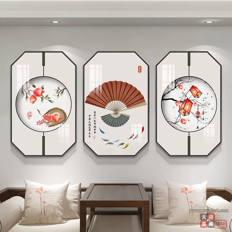 抽象 三联 装饰画 新中式 客厅背景墙挂画 晶瓷画