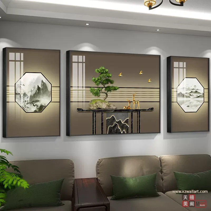 抽象 三联 装饰画 新中式 客厅背景墙挂画 晶瓷画