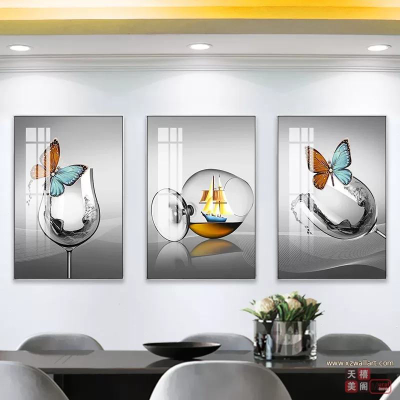 抽象 三联 装饰画 轻奢风 餐厅背景墙挂画 晶瓷画