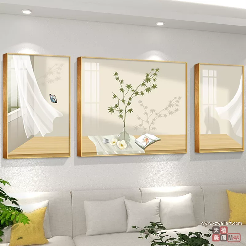 抽象 三联 装饰画 奶油风 客厅背景墙挂画 晶瓷画