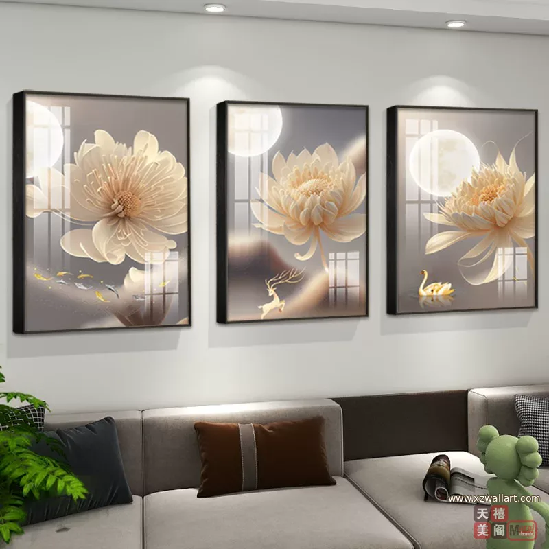 花 三联 装饰画 轻奢风 客厅背景墙挂画 晶瓷画