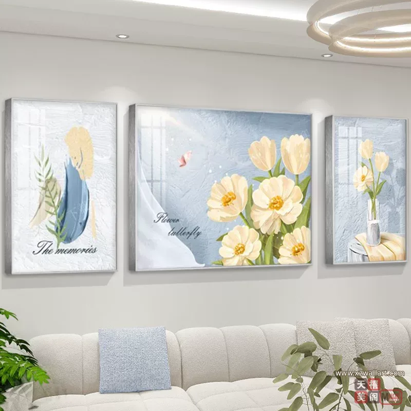 抽象 三联 装饰画 奶油风 客厅背景墙挂画 晶瓷画