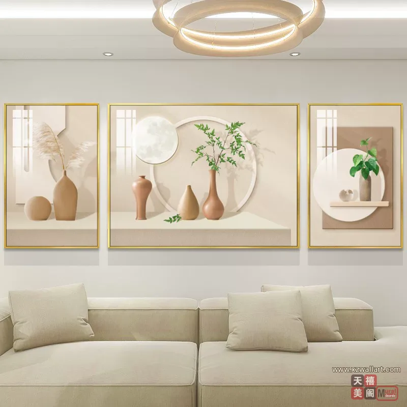 抽象 三联 装饰画 奶油风 客厅背景墙挂画 晶瓷画