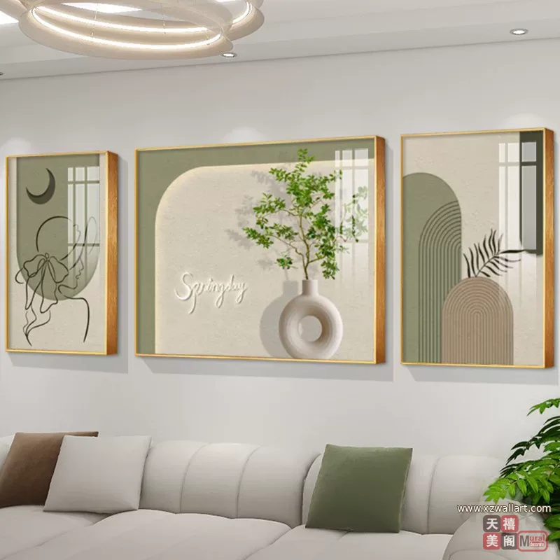 抽象 三联 装饰画 奶油风 客厅背景墙挂画 晶瓷画