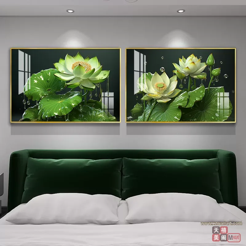 荷花 单幅 装饰画 现代简约 卧室背景墙挂画 晶瓷画