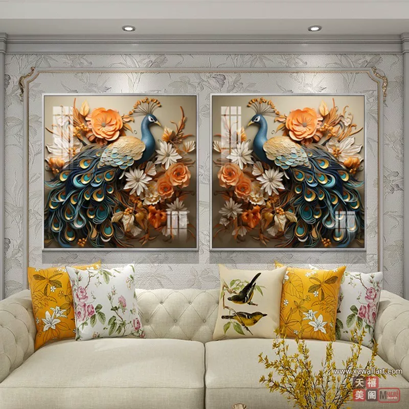孔雀 单幅 装饰画 欧式 客厅背景墙挂画 晶瓷画