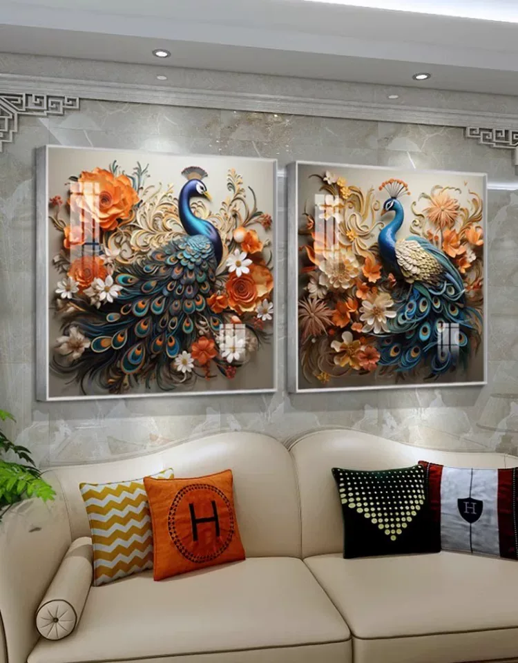 孔雀 单幅 装饰画 欧式 客厅背景墙挂画 晶瓷画