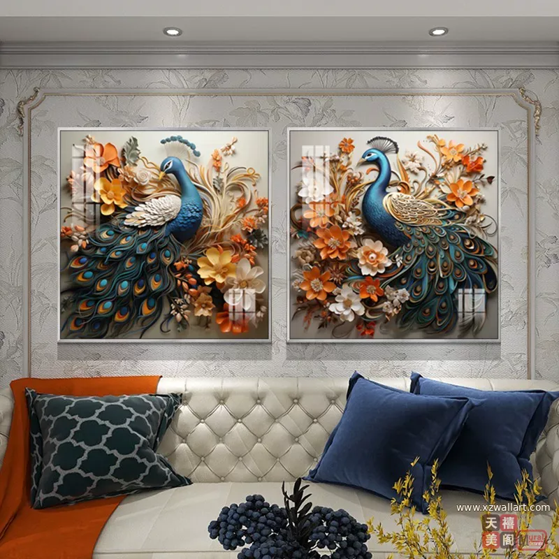 孔雀 单幅 装饰画 欧式 客厅背景墙挂画 晶瓷画