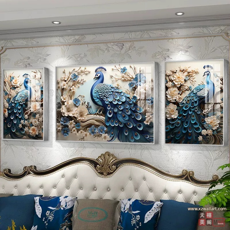 孔雀 三联 装饰画 欧式 客厅背景墙挂画 晶瓷画