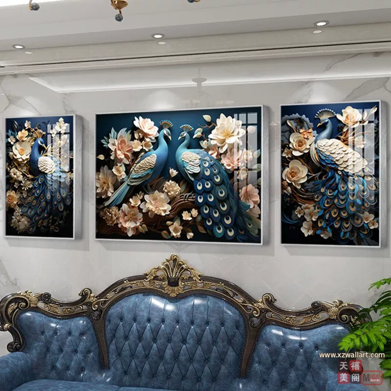 孔雀 三联 装饰画 欧式 客厅背景墙挂画 晶瓷画