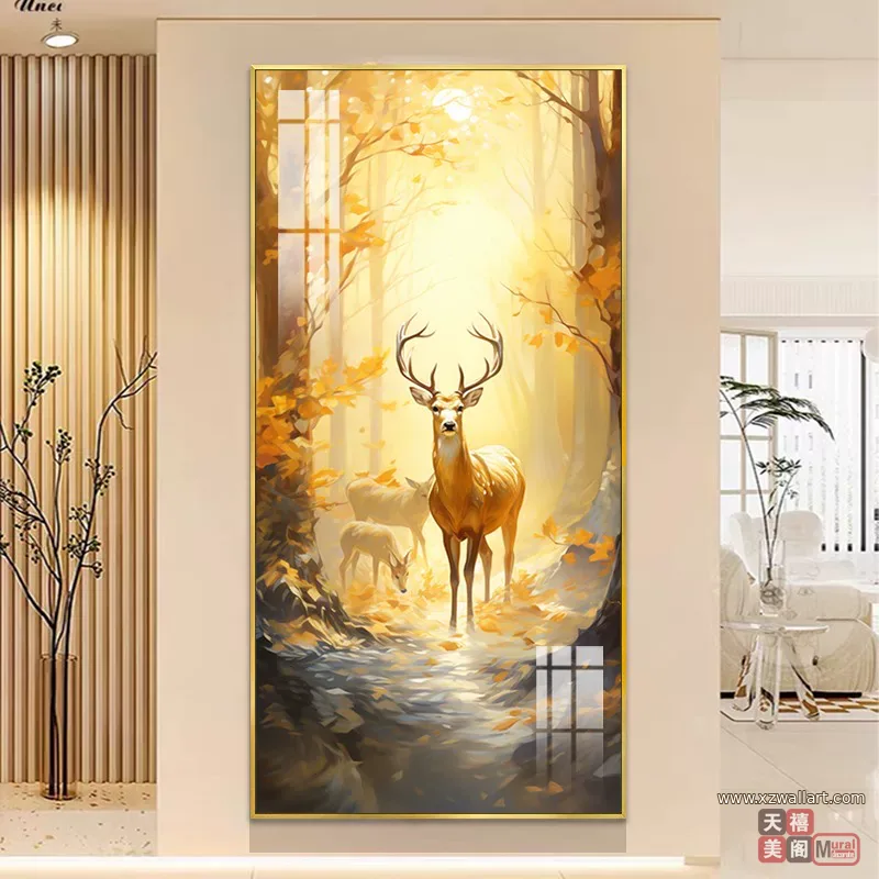 鹿 单幅 装饰画 奶油风 玄关背景墙挂画 晶瓷画