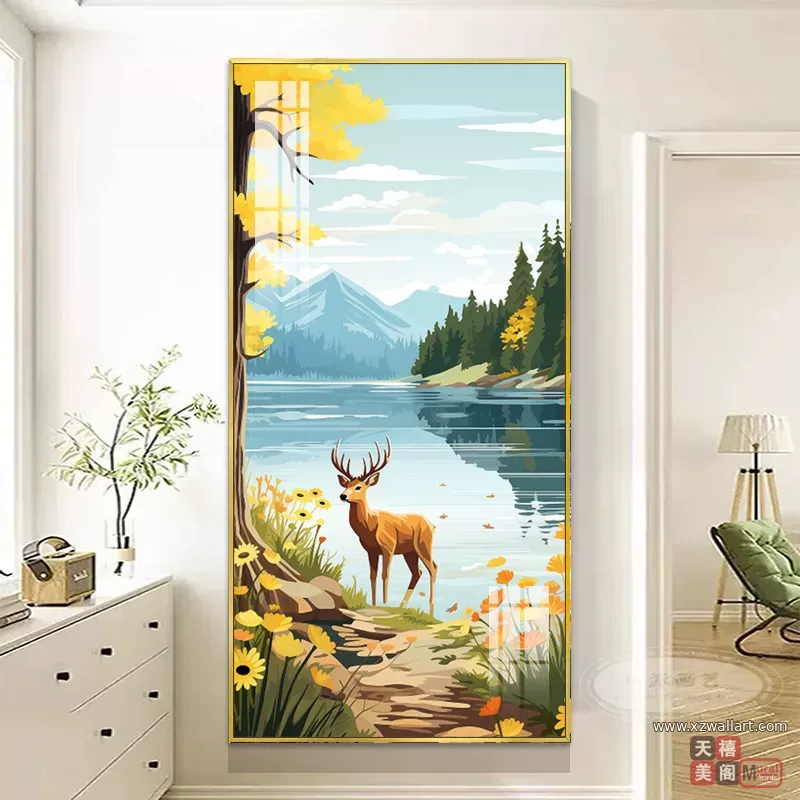 鹿 单幅 装饰画 奶油风 玄关背景墙挂画 晶瓷画