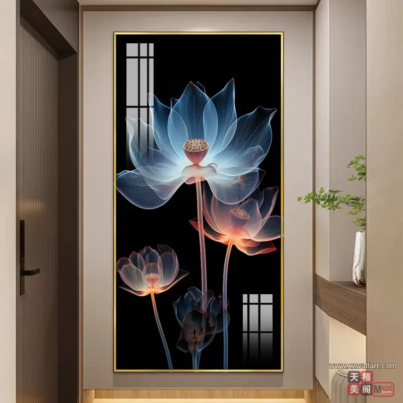 荷花 单幅 装饰画 轻奢风 玄关背景墙挂画 晶瓷画