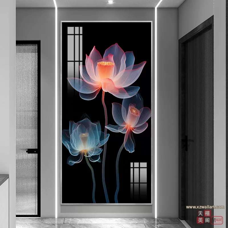 荷花 单幅 装饰画 轻奢风 玄关背景墙挂画 晶瓷画