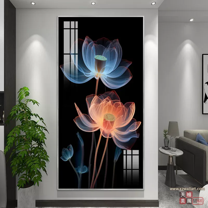 荷花 单幅 装饰画 轻奢风 玄关背景墙挂画 晶瓷画
