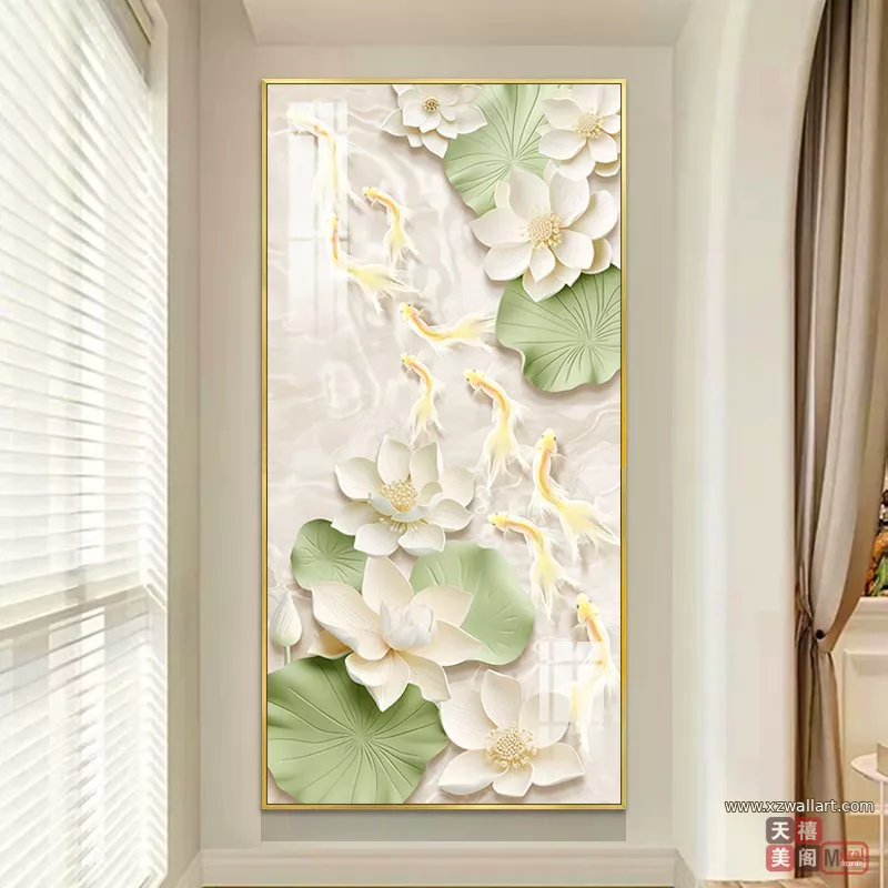 荷花 单幅 装饰画 奶油风 玄关背景墙挂画 晶瓷画