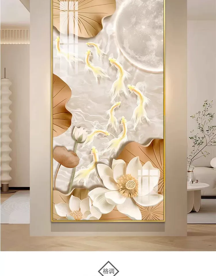 荷花 单幅 装饰画 奶油风 玄关背景墙挂画 晶瓷画