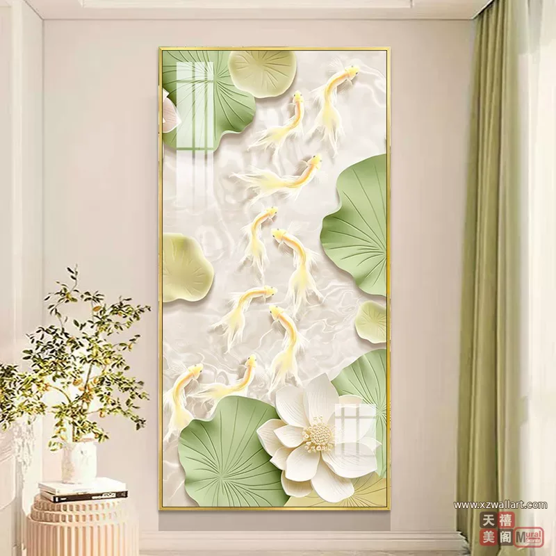 荷花 单幅 装饰画 奶油风 玄关背景墙挂画 晶瓷画