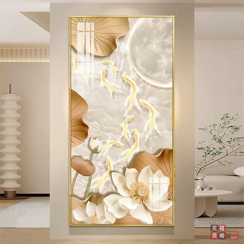 荷花 单幅 装饰画 奶油风 玄关背景墙挂画 晶瓷画