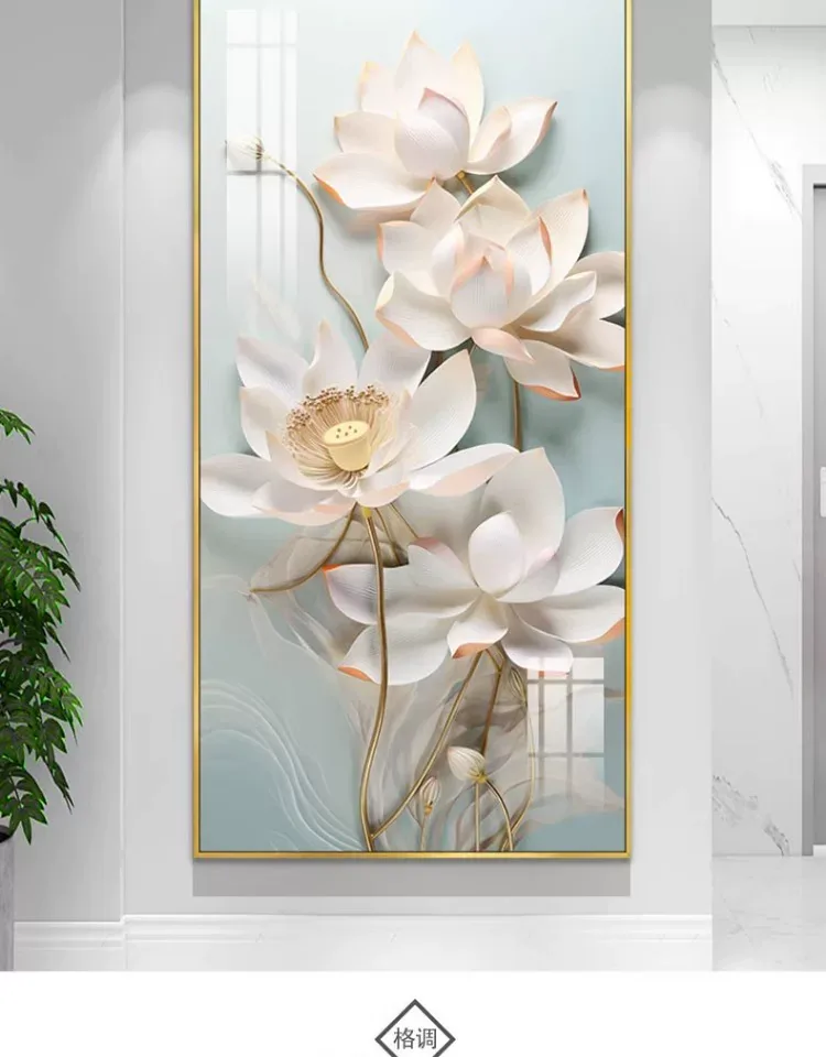 荷花 单幅 装饰画 轻奢风 玄关背景墙挂画 晶瓷画