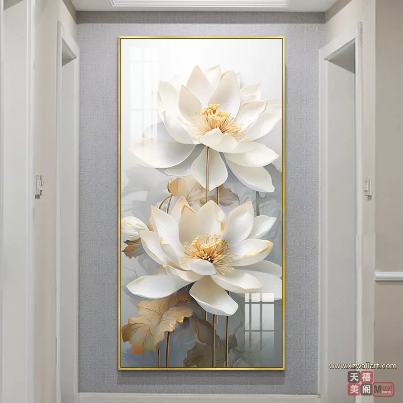 荷花 单幅 装饰画 轻奢风 玄关背景墙挂画 晶瓷画