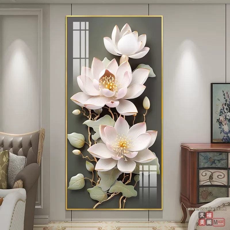 荷花 单幅 装饰画 轻奢风 玄关背景墙挂画 晶瓷画