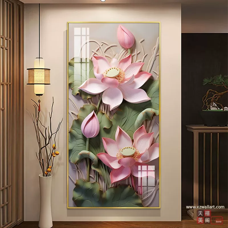 荷花 单幅 装饰画 轻奢风 玄关背景墙挂画 晶瓷画
