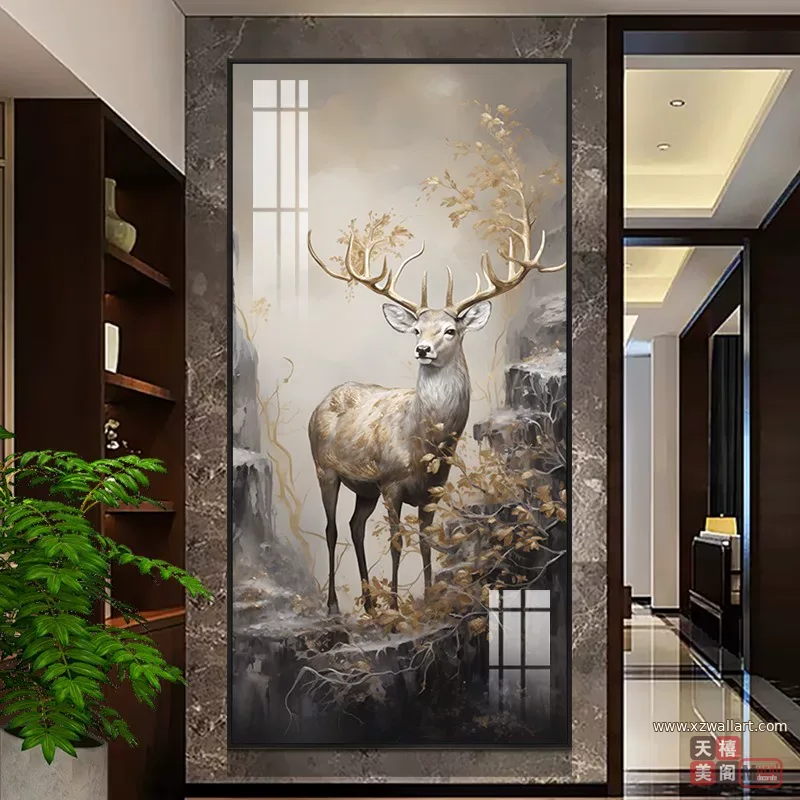 鹿 单幅 装饰画 轻奢风 玄关背景墙挂画 晶瓷画