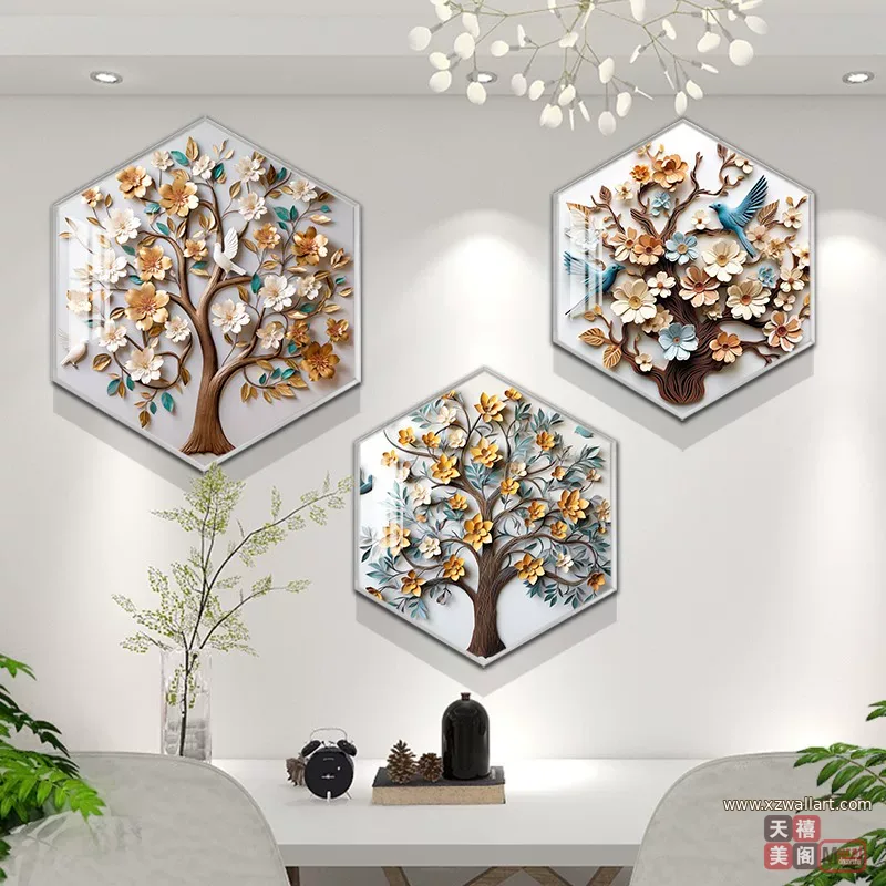 树 三联 装饰画 现代简约 餐厅背景墙挂画 晶瓷画