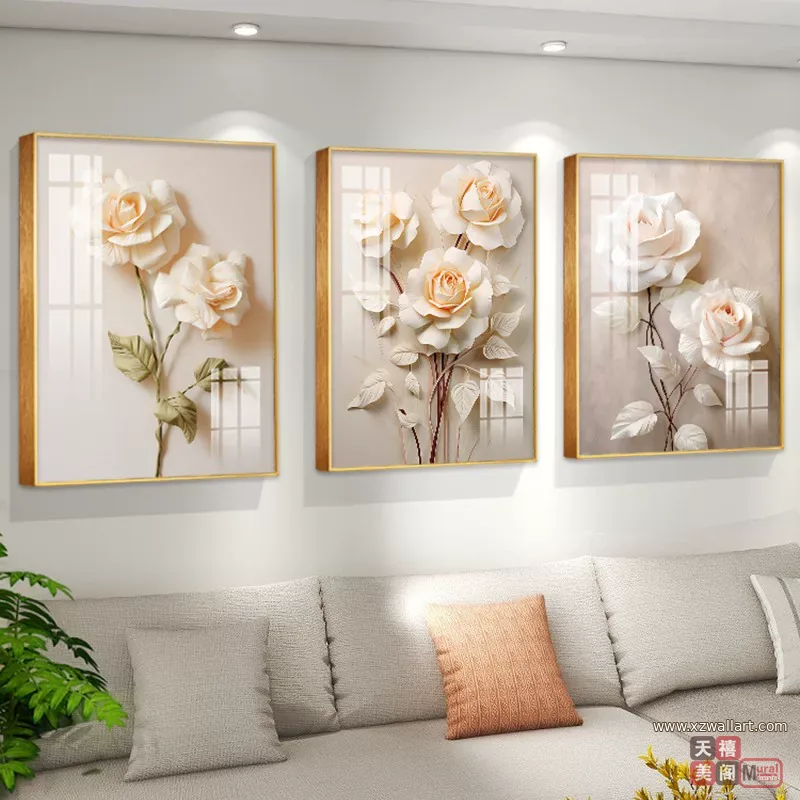花 三联 装饰画 北欧风 客厅背景墙挂画 晶瓷画