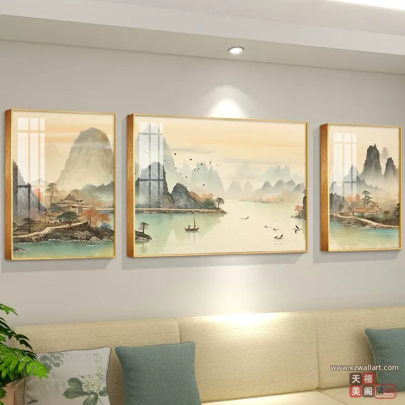 山水 三联 装饰画 现代简约 客厅背景墙挂画 晶瓷画