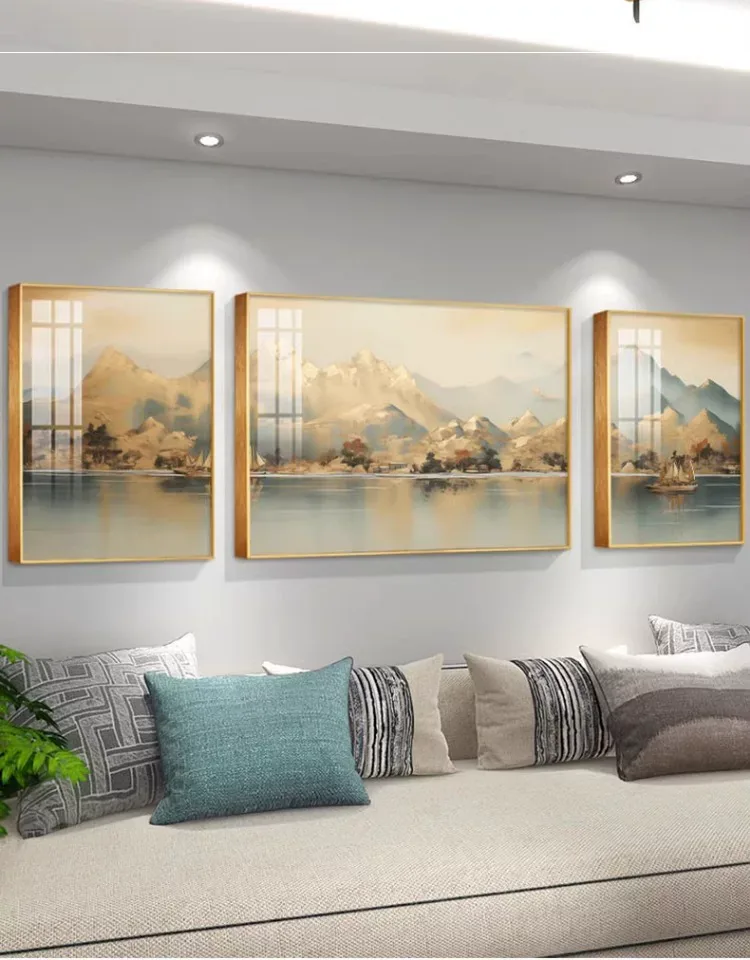 山水 三联 装饰画 现代简约 客厅背景墙挂画 晶瓷画