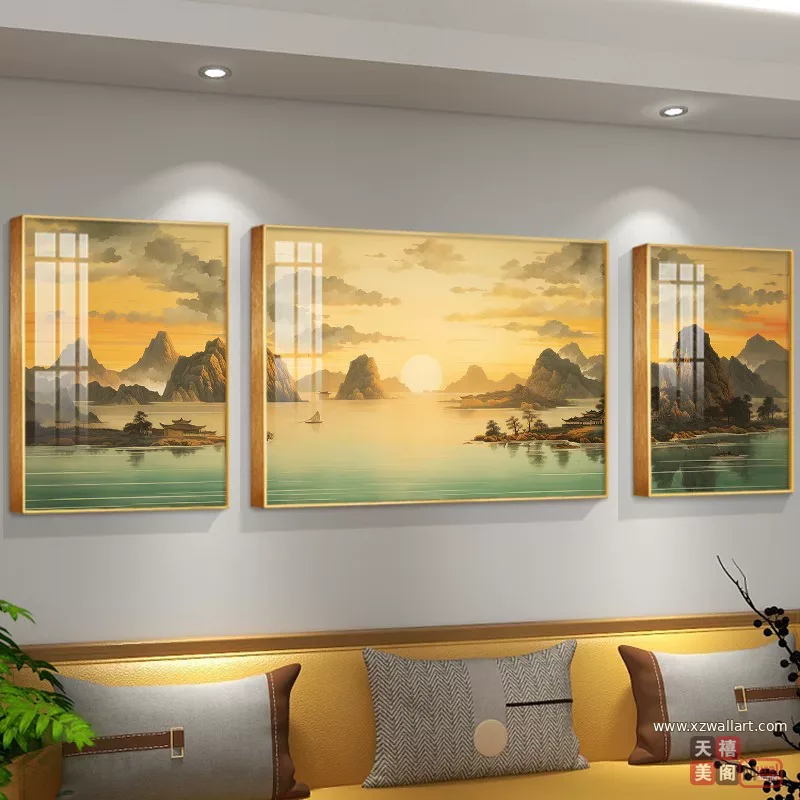 山水 三联 装饰画 现代简约 客厅背景墙挂画 晶瓷画