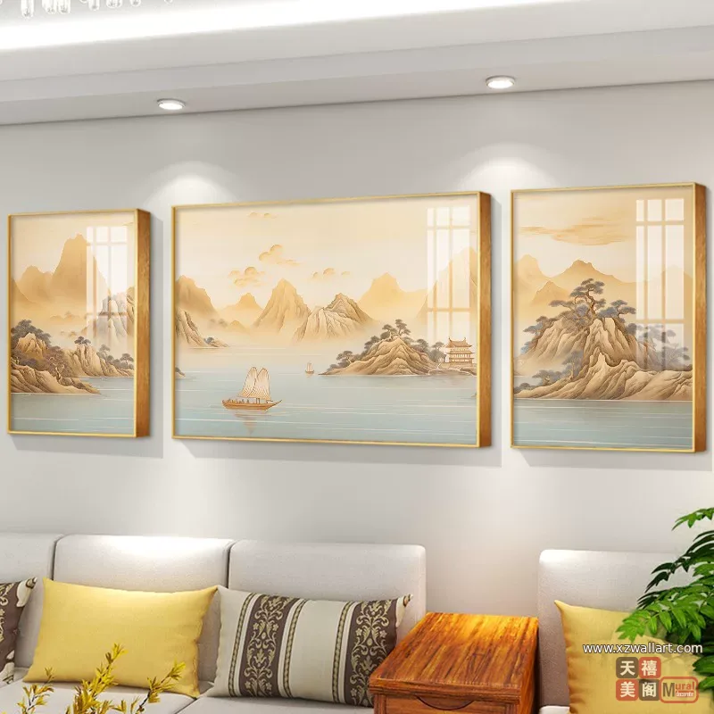 山水 三联 装饰画 现代简约 客厅背景墙挂画 晶瓷画