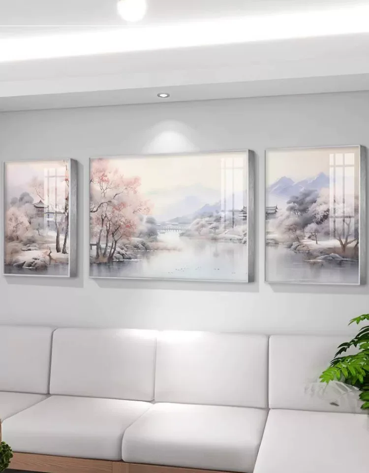 山水 三联 装饰画 轻奢风 客厅背景墙挂画 晶瓷画